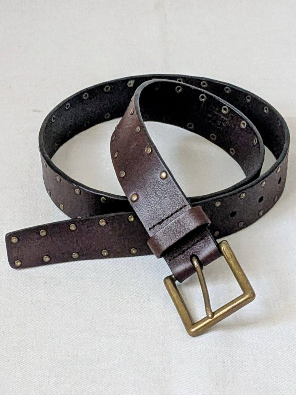 COACH Studded Brown Leather Jean Belt Brass Logo Buckle 34